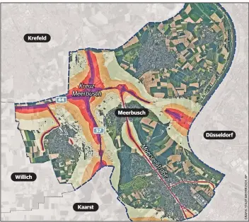  ?? FOTO.: STADT MEERBUSCH ?? Die Karte zeigt die durchschni­ttliche Straßenlär­mbelastung. Orange steht für 60 bis 64; Dunkellila für mehr als 75 Dezibel.