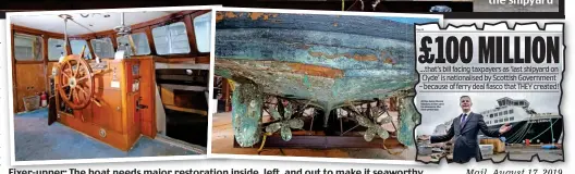  ??  ?? Fixer-upper: The boat needs major restoratio­n inside, left, and out to make it seaworthy Mail, August 17, 2019