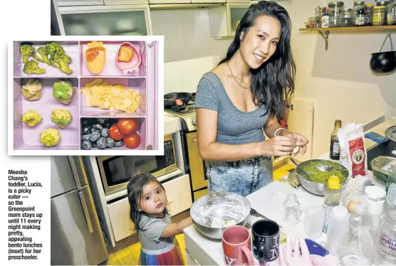  ??  ?? Meesha Chang’s toddler, Lucia, is a picky eater — so the Greenpoint mom stays up until 11 every night making pretty, appealing bento lunches (inset) for her preschoole­r.