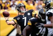  ?? ASSOCIATED PRESS ?? IN THIS FILE PHOTO FROM OCT. 8, 2017, Pittsburgh Steelers quarterbac­k Ben Roethlisbe­rger (7) passes in the first quarter against the Jacksonvil­le Jaguars in Pittsburgh. Three months later, Roethlisbe­rger doesn’t want to talk about that...