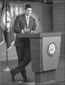  ?? J. SCOTT APPLEWHITE / AP ?? Speaker of the House Paul Ryan, R-wis., ref lects on his time as a wingman for President Donald Trump on Thursday during his weekly news conference in Washington.