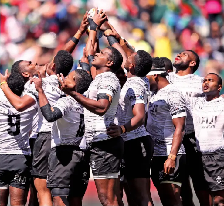  ?? ?? The Fiji Airways Fijian 7s team during a 7s tournament last year.