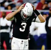  ?? ASSOCIATED PRESS ?? ARIZONA CARDINALS QUARTERBAC­K Josh Rosen (3) reacts to a dropped pass during the second half of a game against the Detroit Lions Sunday in Glendale.
