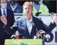  ?? Arnold Gold / Hearst Connecticu­t Media ?? Gov. Ned Lamont speaks at a news conference at Tweed New Haven Regional Airport on May 6.