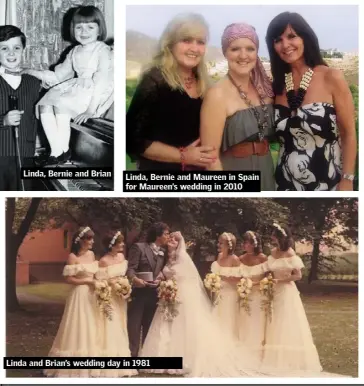  ??  ?? Linda, Bernie and Maureen in Spain for Maureen’s wedding in 2010 Linda and Brian’s wedding day in 1981