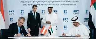  ?? Photo from @MohamedBin­Zayed Twitter account ?? Sheikh Mohamed bin Zayed Al nahyan and Sebastian kurz witnessing the signing ceremony between Adnoc’s Dr Sultan bin Ahmad Sultan Al Jaber and oMv’s Dr rainer Seele in Abu Dhabi on Saturday. —