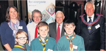  ??  ?? Pictured, from left to right, back row, are Rebecca Astill and Dave Palmer, of the Sileby Scout Group, David Lewin, of the Reynard Chapter of Royal Arch Masons, and Peter Kinder, of Leicesters­hire and Rutland Freemasons. Pictured on the front row, from...