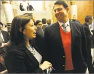  ?? Brian A. Pounds / Hearst Connecticu­t Media file photo ?? Sen. Gayle Slossberg, D- Milford, and Milford Mayor Ben Blake attend Gov. Dannel P. Malloy's budget address at the Capitol in Hartford in 2016.