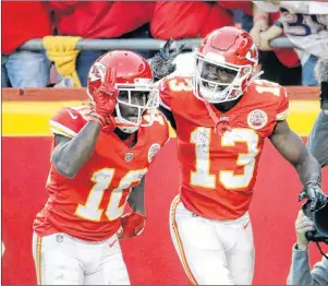  ?? AP PHOTO ?? Kansas City Chiefs wide receiver De’Anthony Thomas (right) celebrates his touchdown with wide receiver Tyreek Hill during the second half of an NFL game against the Pittsburgh Steelers in Kansas City, Mo., on Sunday.