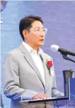  ?? Courtesy of Hyosung Group ?? Hyosung Group Chairman Cho Hyun-joon delivers a speech during the groundbrea­king ceremony for a liquid hydrogen manufactur­ing plant in Ulsan, Monday.