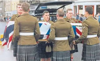  ??  ?? Clockwise, from top left: A British soldier on the ground in Kuwait; the coffin of Pte Neil Donald is carried from St Laurence Church, Forres, and unveiling the statue to The Queens Own Highlander­s on Bank Street, Inverness