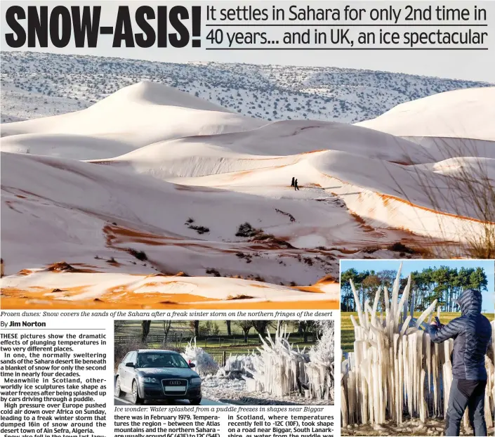  ??  ?? Frozen dunes: Snow covers the sands of the Sahara after a freak winter storm on the northern fringes of the desert Otherworld­ly: A passer-by takes a closer look