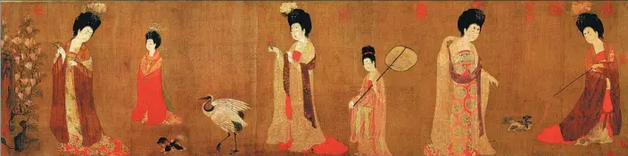  ??  ?? Court Ladies Adorning Their Hair with Flowers by Tang Dynasty artist Zhou Fang
