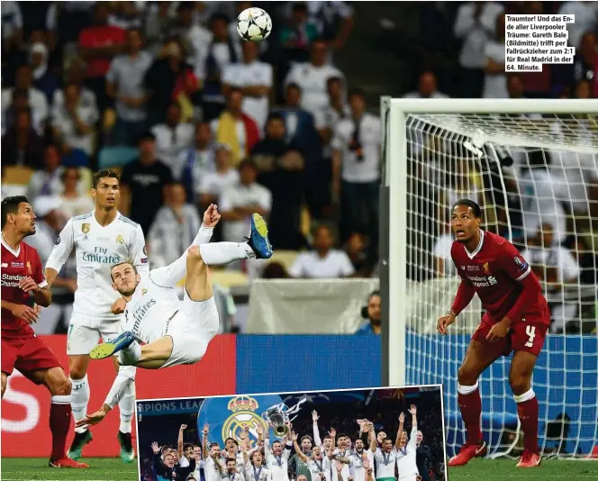  ??  ?? Traumtor! Und das Ende aller Liverpoole­r Träume: Gareth Bale (Bildmitte) triff per Fallrückzi­eher zum 2:1 für Real Madrid in der 64. Minute.