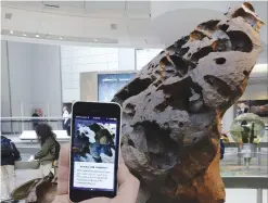  ??  ?? NEW YORK: In this photo provided by the American Museum of Natural History, a visitor uses the museum’s flagship app Explorer which acts like a virtual curator, teaching visitors about the surprising facts and stories, near the Willamette Meteorite at...