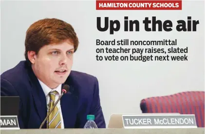  ?? STAFF PHOTO BY C.B. SCHMELTER ?? Hamilton County District 8 school board member Tucker McClendon speaks during a work session Thursday before the board meeting in the Hamilton County Schools board room.