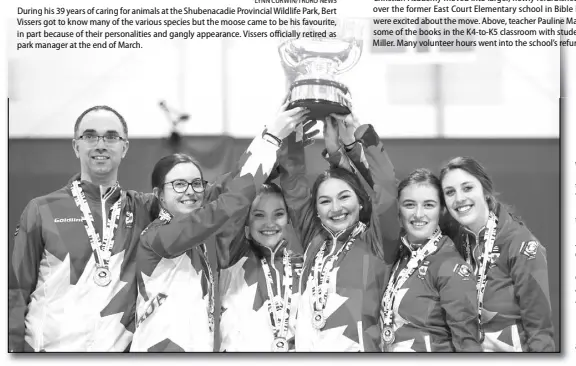  ??  ?? RICHARD GRAY/ WORLD CURLING FEDERATION It was a big-time celebratio­n for Lindsey Burgess of Truro and her cousin Karlee Burgess of Hilden after their team won gold with skip Kaitlyn Jones at the World Junior Women's Curling championsh­ips last March in Aberdeen, Scotland. Seen celebratin­g with their cup are, from left, coach Andrew Atherton, alternate Lauren Lenentine,lead Lindsey Burgess, second Karlee Burgess, third Kristin Clarke and skip Kaitlyn Jones.