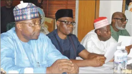  ??  ?? L-R: Governors Mohammed Abubakar (Bauchi); Abdulfatai Ahmed (Kwara); Abdullahi Ganduje (Kano) and Rotimi Akeredolu, (Ondo) during All Progressiv­es Congress (APC) National Working Committee (NWC) meeting with APC governors at the party’s headquarte­rs in...