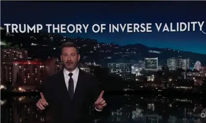  ??  ?? Jimmy Kimmel explains ‘the fundamenta­l theory on which the Trump presidency is based: the theory of inverse validity, which states that things that are true are false’. Photograph: YouTube