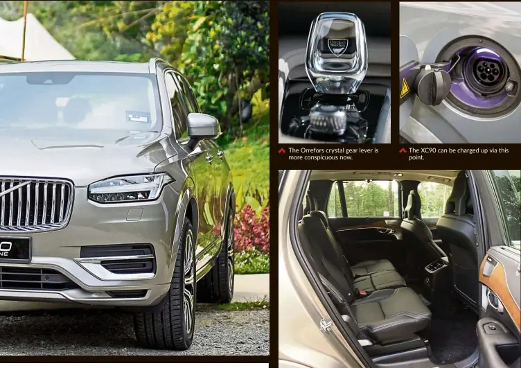  ??  ?? The Orrefors crystal gear lever is more conspicuou­s now. second row seats have generous legroom.
The Xc90 can be charged up via this point.