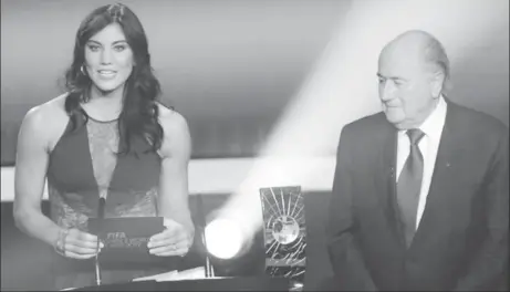  ?? (BBC photo) ?? Hope Solo and Sepp[ Blatter at the 2013 awards ceremony.