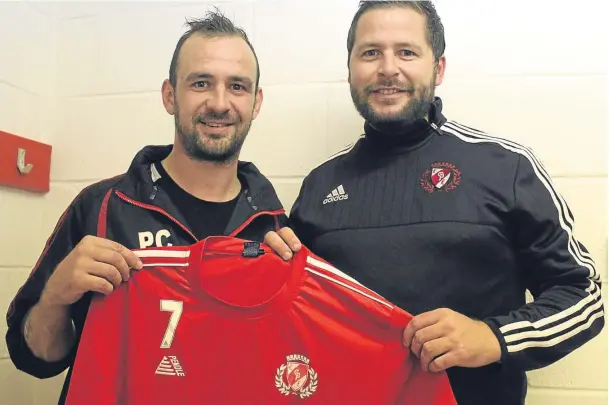  ??  ?? Above: New Carnoustie Panmure signing Paddy Conway, left, is welcomed to Laing Park by boss Alan McSkimming after signing from Carnoustie Panmure YM; above right: Hill of Beath boss Kevin Fotheringh­am hopes to be able to add to his squad in time for...