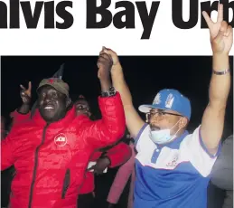  ?? Photo: Eveline de Klerk ?? Together as one… Walvis Bay Urban constituen­cy candidate Knowledge Ipinge and PDM Walvis Bay Rural constituen­cy candidate Harhold Davids.