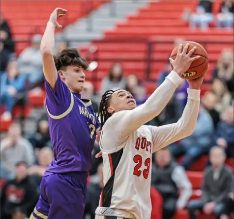  ?? JJ LaBella/For the Post-Gazette ?? Aliquippa’s Cam Lindsey, right, gets past Karns City’s Jacob Callihan to score in a PIAA opening round win Saturda.y.