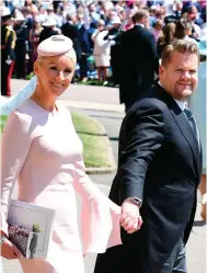  ??  ?? James Corden and Julia Carey leave St George’s Chapel at Windsor Castle after the wedding. Left: Abigail Spencer and Priyanka Chopra attended the wedding. Photo: Reuters