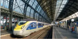  ??  ?? A Eurostar Class 374 set stands at Amsterdam Centraal Station after arriving from London on September 22, 2020. Along with Paris, the operator is currently only running one train as day on these routes. (Wikimedia Commons/Eriksw)