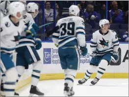  ?? MIKE EHRMANN — GETTY IMAGES ?? The Sharks' Timo Meier (28) celebrates a goal in overtime during a game against the Lightning at Amalie Arena on Tuesday in Tampa, Florida.