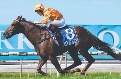  ??  ?? BRAVE: Jeff Lloyd rides Tyzone to victory in Race 2 on Gold Coast Cup day at the Aquis Gold Coast Turf Club.