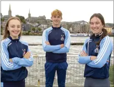  ??  ?? New Irish record holders Jane Sutton from New Ross (J18 fastest 10km rowing machine), Ronan Gibbon from Foulksmill­s (J16 fastest 10km rowing machine) and Amy Barrett from Shielbagga­n (J16 fastest 10km rowing machine).