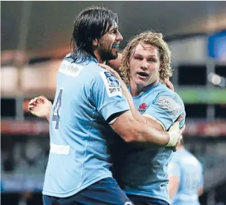  ?? Photo: Getty Images ?? Current favourites: Jacques Potgieter, left, and Michael Hooper celebrate another Waratahs try but despite their being tougher this season, they won’t win, says Jeff Wilson.