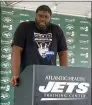  ?? DENNIS WASZAK JR. — THE ASSOCIATED PRESS ?? New York Jets left tackle Mekhi Becton speaks to reporters at the team’s NFL football training camp facility in Florham Park, N.J., Tuesday July 27, 2021.