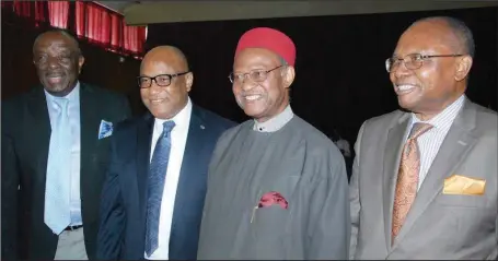  ?? Sunday Adigun ?? L-R: Chairman, Ecobank Nigeria Limited. Dr. Sony Kuku; Managing Director/CEO and the Guest Lecturer, Mr. Jubril Aku; former Commonweal­th Secretary General, Chief Emeka Anyaoku; and Prof. Anya O. Anya, at the Hallmark Business, Policy, Finance Public...