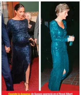  ??  ?? Cuando la duquesa de Sussex apareció en el Royal Albert Hall con este Roland Mouret de lentejuela­s, fue inmediata la evocación del Catherine Walker que Diana vistió para elegantes veladas en Londres y Viena.