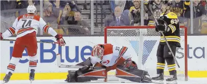  ?? AP PHOTO ?? ONE THAT GOT AWAY: Carolina goalie Scott Darling looks for the puck after allowing a goal by Bruins winger David Pastrnak during the first period last night.