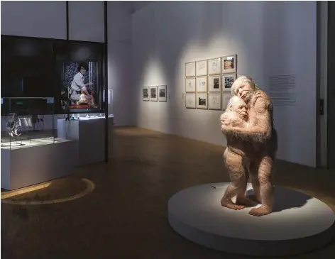  ??  ?? TOP LEFT: Vespers (2018), a 3D-printed mask by Neri Oxman and the Mediated Matter Group, is emblematic of the boundary-pushing design that Antonelli has embraced and endorsed.
LEFT: The hugging silicone bonobos of Patricia Piccinini’s Sanctuary provide the emotional coda for “Broken Nature,” Antonelli’s blockbuste­r exhibition at the Triennale di Milano.