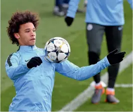  ?? AFP ?? Manchester City midfielder Leroy Sane at a training session in Manchester on Monday, eve of their Champions League first leg round of 16 match against Basel. —
