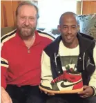  ?? SUBMITTED PHOTO BY DONALD GRIFFIN ?? Larry Awe (left) found a rare Michael Jordan shoe in a storage room in 2001. He and future son-in-law Donald Griffin (right) are putting it up for auction.