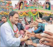  ?? PTI ?? Congress president Rahul Gandhi greets supporters at Huligemma Temple in Koppal, Karnataka, on Saturday.