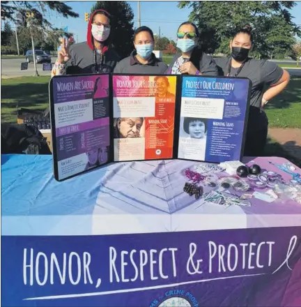  ?? PHOTO COURTESY OF THE SAGINAW CHIPPEWA INDIAN TRIBE ?? Women bring attention to the issue of violence against women at the Native Farmers Market on Tuesday on the Saginaw Chippewa Indian Reservatio­n. A display at the Ziibiwing Center of Anishinabe Culture and Lifeways memorializ­es missing and murdered indigenous women.