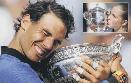  ??  ?? Rafael Nadal hugs the trophy at Rolad Garros. INSET: Jelena Ostapenko.