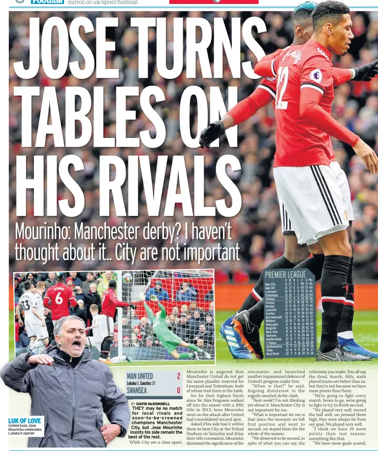  ??  ?? LUK OF LOVE United boss Jose Mourinho celebrates Lukaku’s opener