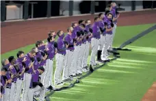  ?? Ronald Martinez, Getty Images North America ?? Matt Kemp # 25 of the Colorado Rockies takes a knee during the national anthem before a game against the Texas Rangers on Opening Day at Globe Life Field on July 24 in Arlington, Texas.