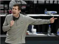  ?? STEVE DYKES - THE ASSOCIATED PRESS ?? Boston Celtics coach Brad Stevens reacts to an official’s call during the second half of the team’s NBA basketball game against the Portland Trail Blazers in Portland, Ore., Tuesday, April 13, 2021. The Celtics won 116-115.