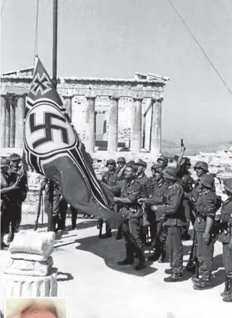  ?? BUNDESARCH­IV ?? German troops raising the Nazi flag over the Acropolis in 1941, and Niky Mcintyre, who fought them alongside a British SOE officer who would become her husband.