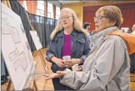  ?? NANCY KING/CAPE BRETON POST ?? Asta Antoft, left, and Anne Latour, artists based in Sydney, review plans for the Cape Breton Centre for Arts, Culture and Innovation for which $5 million in federal funding was announced Friday. The New Dawn Centre for Social Innovation plans to...