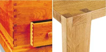  ?? STRETCH STUDIO/CHILTON FURNITURE ?? A dovetail detail on the corner of Chilton Furniture’s Cedar Lined Blanket Chest in cherry, left. As Jen Levin, who owns the Maine-based furniture company with her husband Jared points out, features to look for on this chest to confirm it’s a genuine product include: dovetail joinery on all four drawer corners, dovetail guides and anti-tip rails to prevent the drawer from tilting downward when it’s pulled out, and thicker drawer sides and back. RIGHT: The detail of leg joinery on Chilton Furniture’s Loki bench in rift sawn oak. “Wood-on-wood joinery is top of the line,” Levin says. “In the long run, metal will loosen in wood, and nothing is really going to fix that, but with wood-on-wood joinery, the joint becomes stronger over time.”